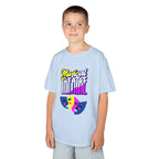Young boy wearing a youth Gildan 5000B heavy cotton t-shirt in light blue with a Musical Theater rainbow mask graphic