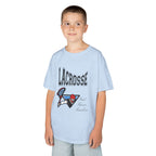 Young boy wearing a youth Gildan 5000B heavy cotton t-shirt in light blue with a Boys Lacrosse design