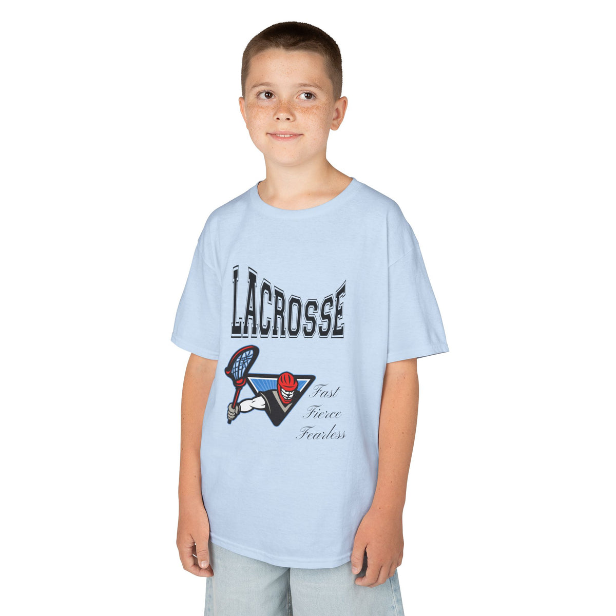 Young boy wearing a youth Gildan 5000B heavy cotton t-shirt in light blue with a Boys Lacrosse design