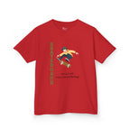 Front view of a youth Gildan 5000B heavy cotton t-shirt in red featuring a boy Skateboarding