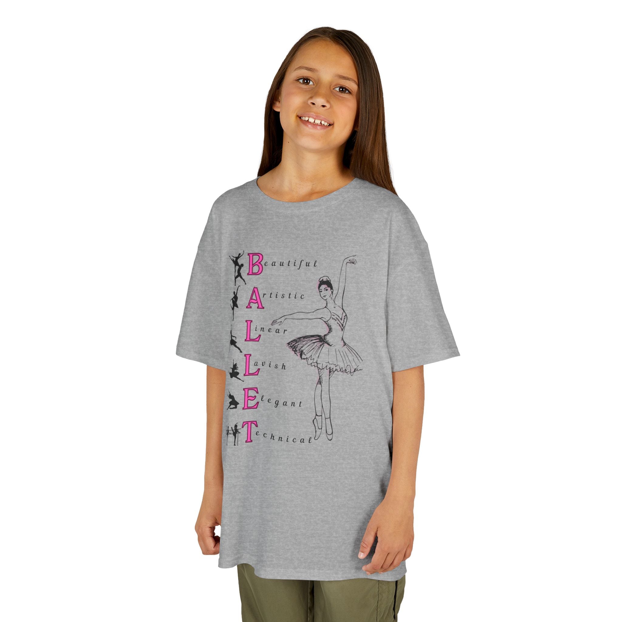 Young girl wearing a youth Gildan 5000B heavy cotton t-shirt in sport grey with a Ballet Pointe theme