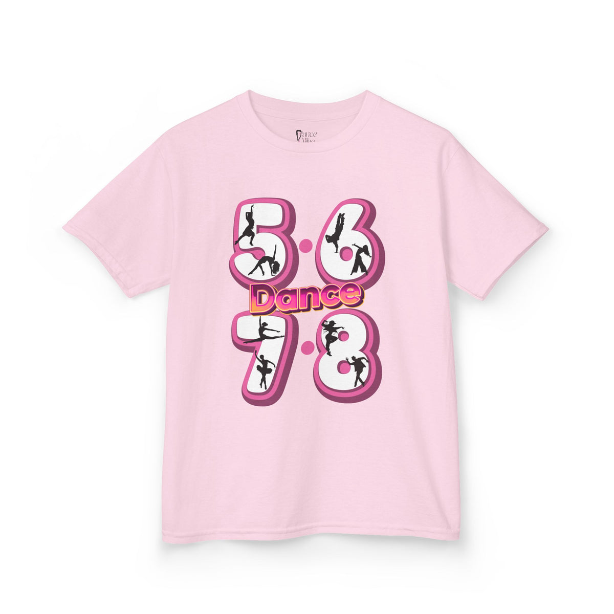 Front view of a youth Gildan 5000B heavy cotton t-shirt in light pink with a 5678 Dance text and graphic