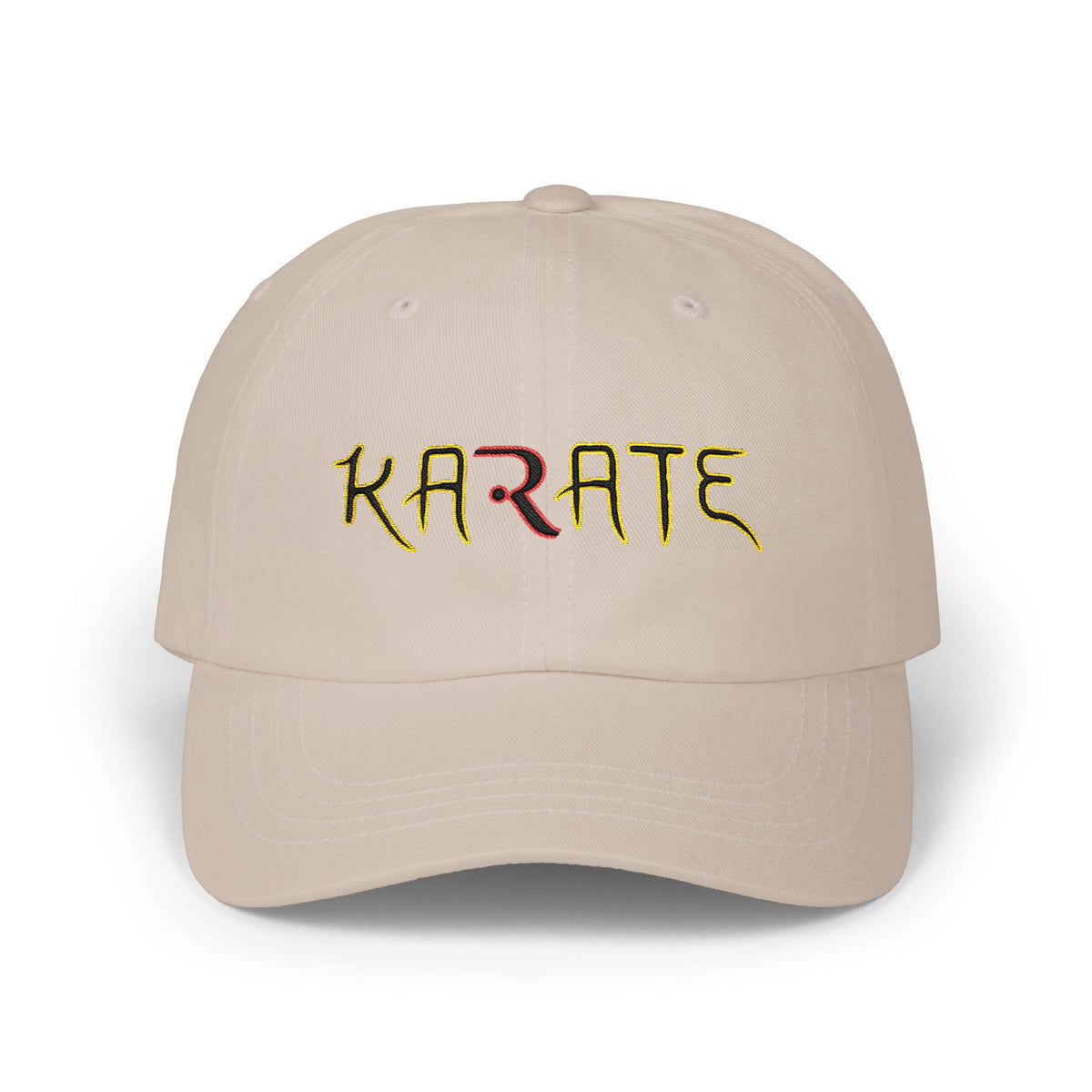 Stone cap with KARATE embroidered in colorful letters.
