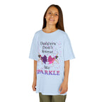 Young girl wearing a youth Gildan 5000B heavy cotton t-shirt in light blue with a Dancer's Don't Sweat We Sparkle text and graphic