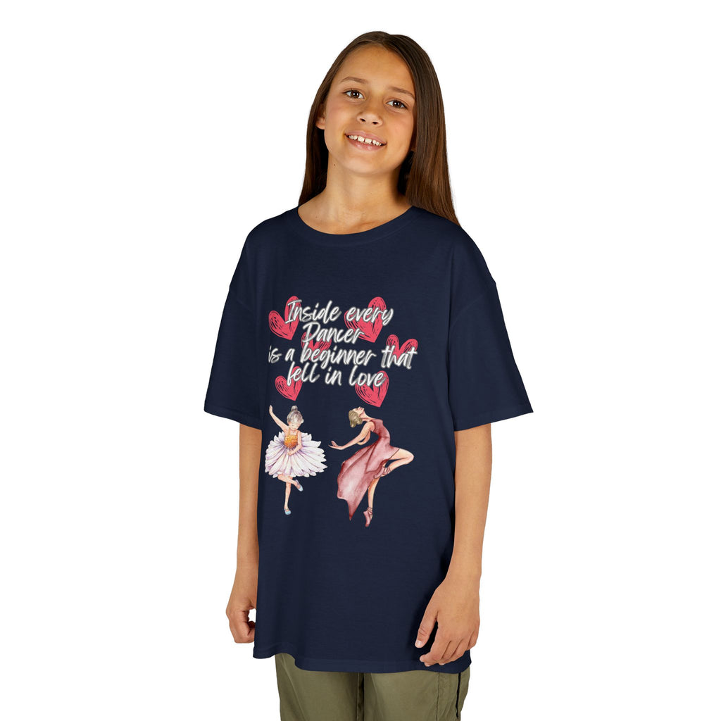 Young girl wearing a youth Gildan 5000B heavy cotton t-shirt in navy with an Inside Every Dancer is a Beginner that Fell in Love theme