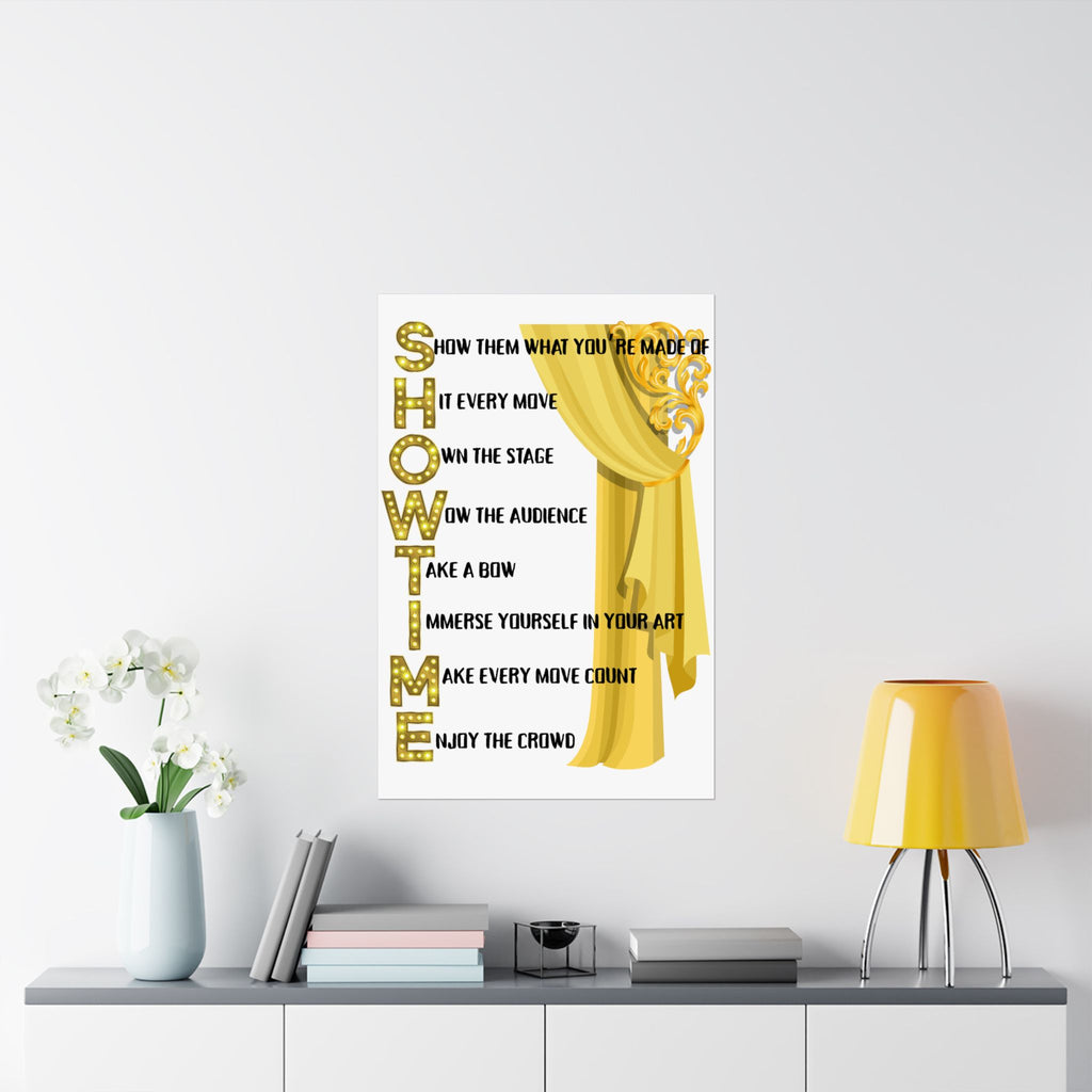 Showtime wall art poster featuring a gold curtain with Showtime text on a bedroom wall Size 24x36
