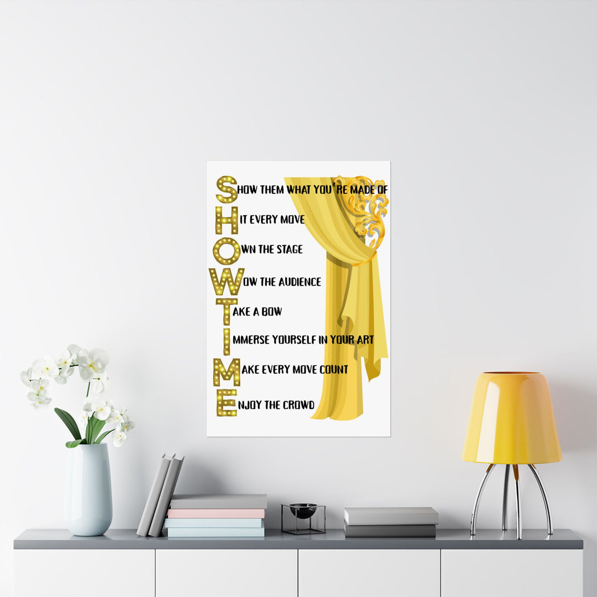 Showtime wall art poster featuring a gold curtain with Showtime text on a bedroom wall Size 24x36