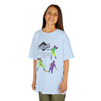 Young girl wearing a youth Gildan 5000B heavy cotton t-shirt in light blue with a Softball text and graphic