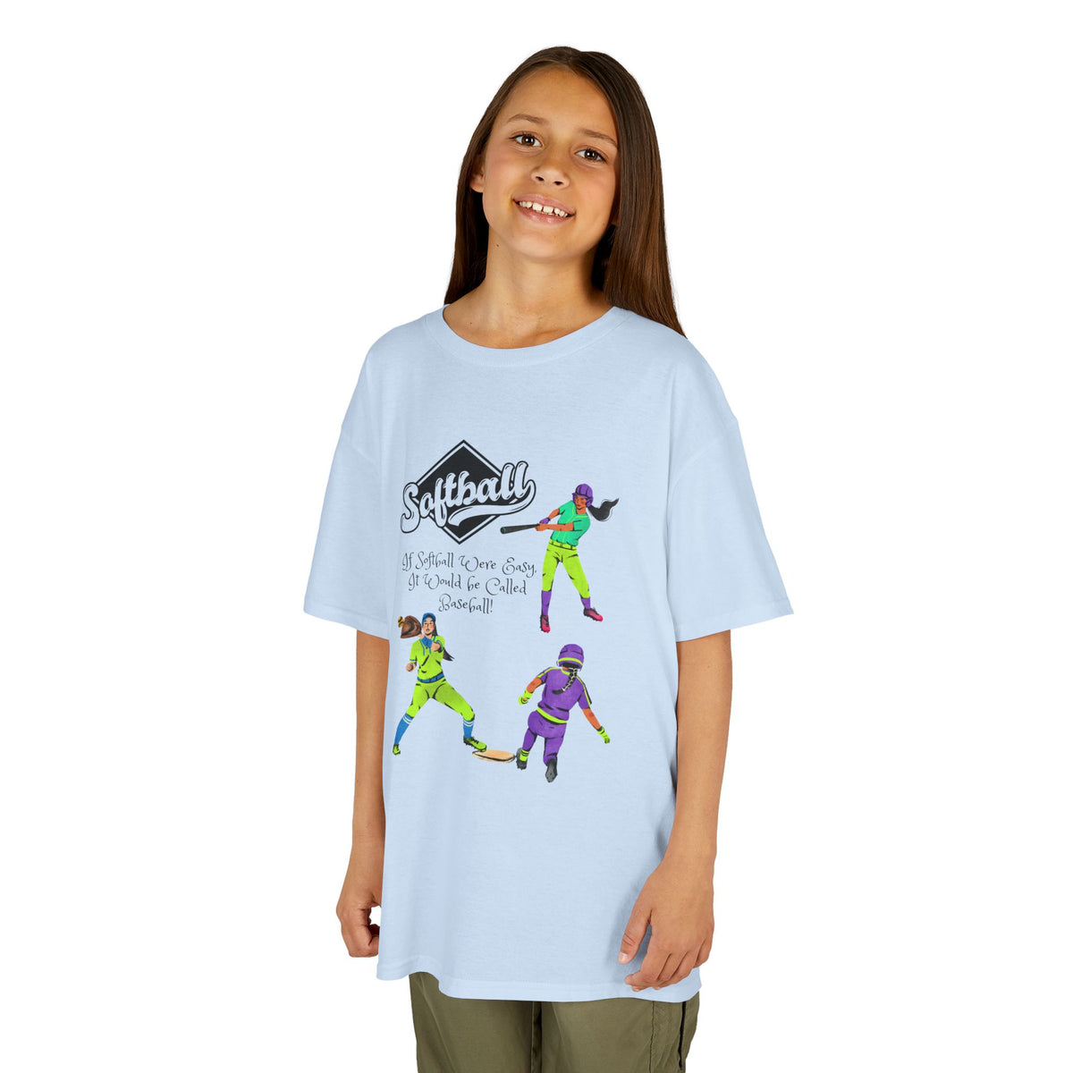 Young girl wearing a youth Gildan 5000B heavy cotton t-shirt in light blue with a Softball text and graphic