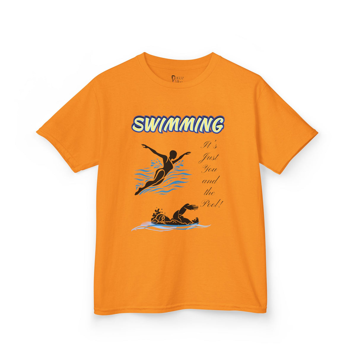 Front view of a youth Gildan 5000B heavy cotton t-shirt in tennessee orange with a Swimming text and graphic