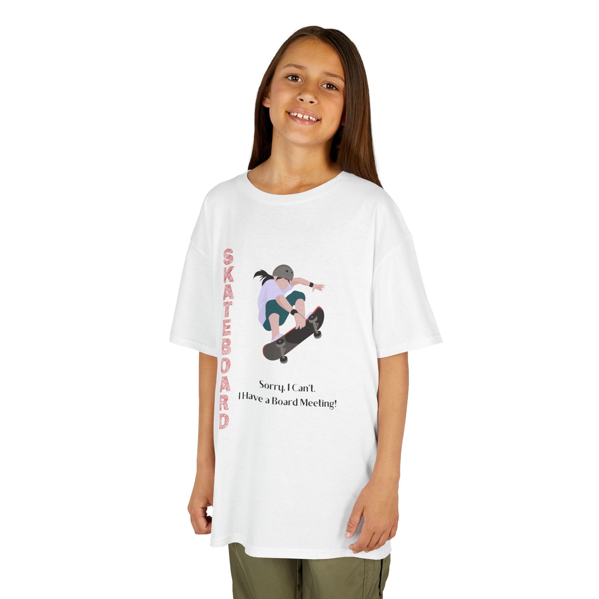 Young girl wearing a youth Gildan 5000B heavy cotton t-shirt in white featuring a girl Skateboarding