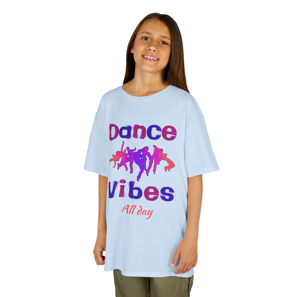 Young girl wearing a youth Gildan 5000B heavy cotton t-shirt in light blue with a Dance Vibes All Day text and graphic