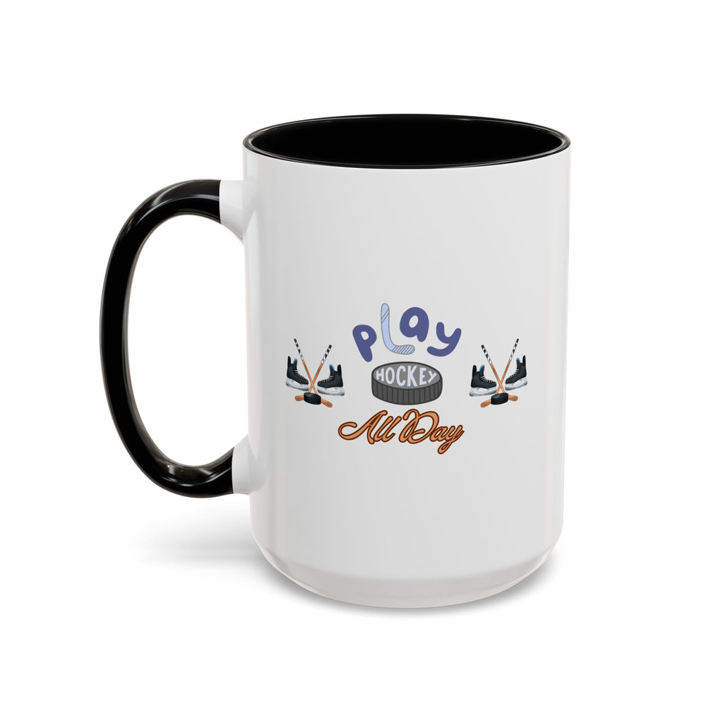 15oz white ceramic Ice Hockey Play All Day mug with black handle and interior Left handed view