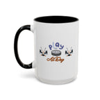 15oz white ceramic Ice Hockey Play All Day mug with black handle and interior Left handed view