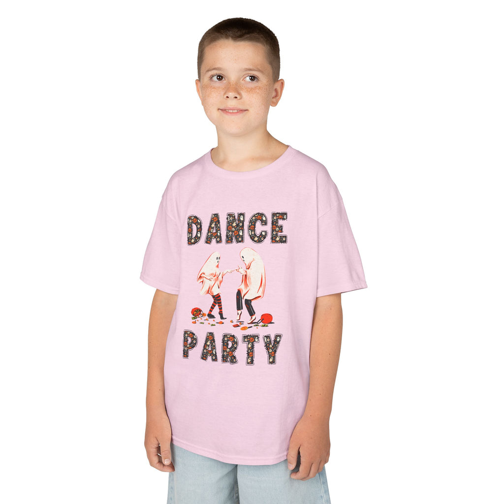 Young boy wearing a youth Gildan 5000B heavy cotton t-shirt in pink with a Halloween Dance Party theme