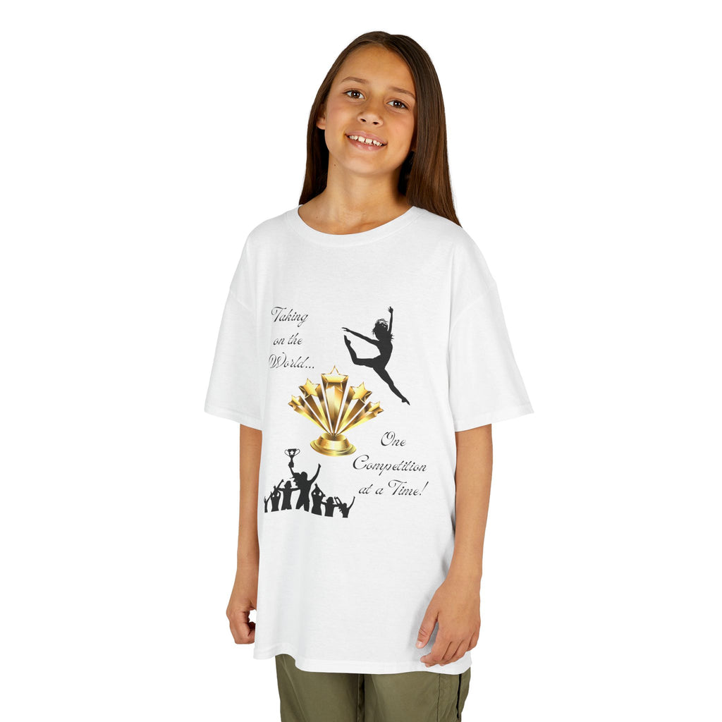 Young girl wearing a youth Gildan 5000B heavy cotton t-shirt in white with a Dance Competition theme