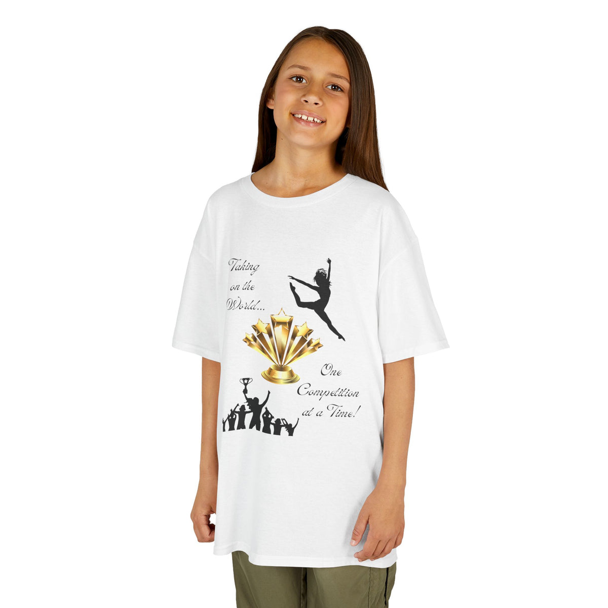 Young girl wearing a youth Gildan 5000B heavy cotton t-shirt in white with a Dance Competition theme