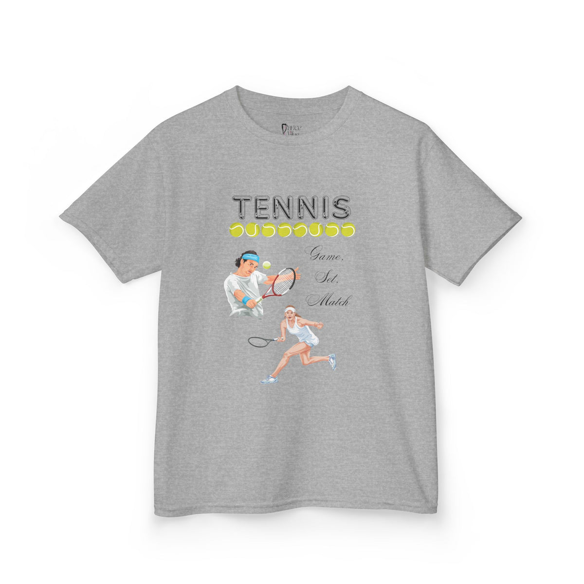 Front view of a youth Gildan 5000B heavy cotton t-shirt in sport grey with a Tennis text and graphic