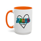 15oz white ceramic Dance All Day mug with orange handle and interior Left handed view