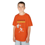 Young boy wearing a youth Gildan 5000B heavy cotton t-shirt in orange with a Tennis text and graphic