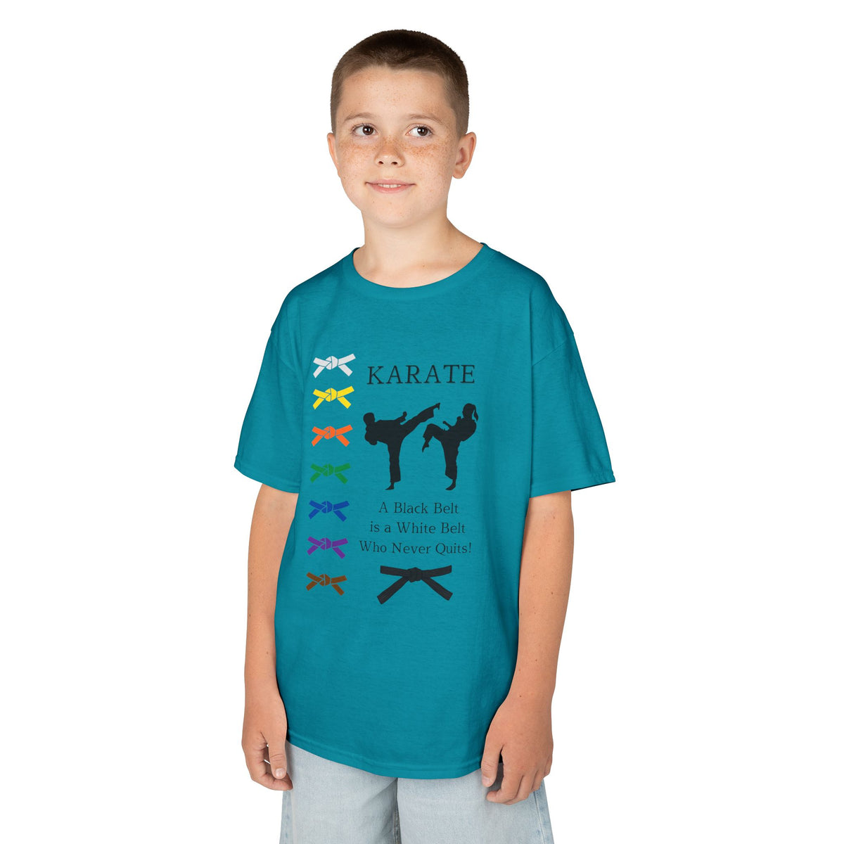 Young boy wearing a youth Gildan 5000B heavy cotton t-shirt in tropical blue with a Karate text and graphic