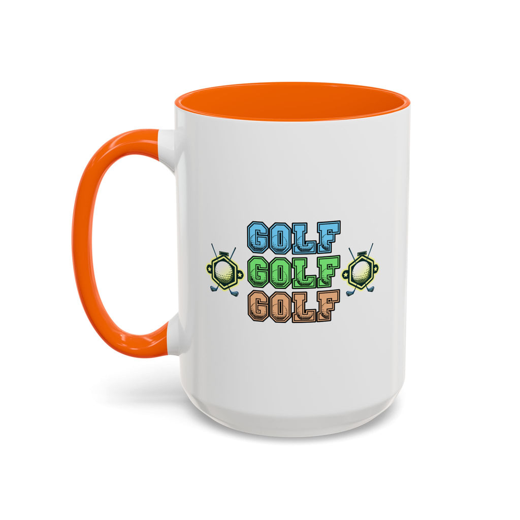 15oz white ceramic Golf mug with orange handle and interior Left handed view