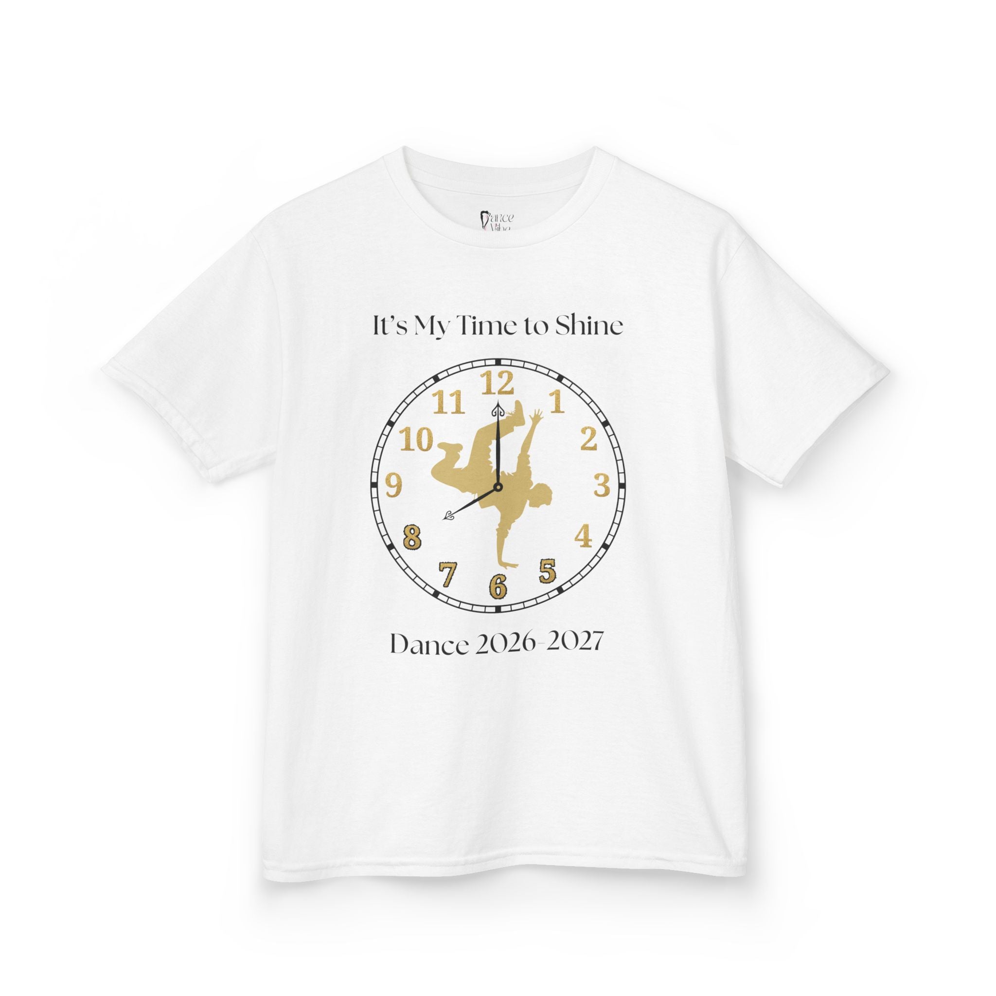 Front view of a youth Gildan 5000B heavy cotton t-shirt in white with an It's My Time to Shine Breakdance 2026-2027 theme