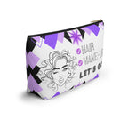 Hair Make up Let's go themed travel pouch with geometric design and face illustration on a white background with black zipper side view