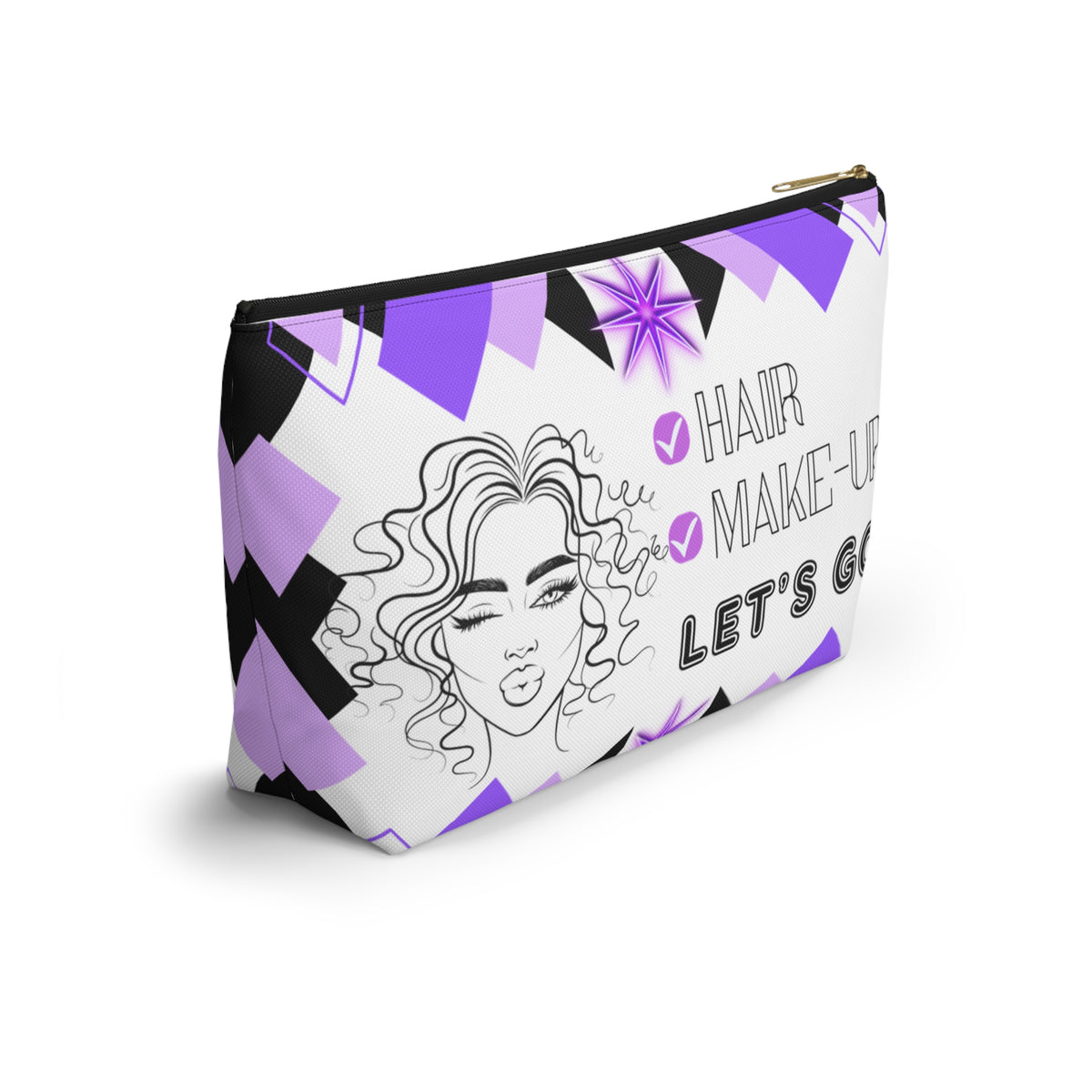 Hair Make up Let's go themed travel pouch with geometric design and face illustration on a white background with black zipper side view