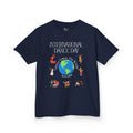 Front view of a youth Gildan 5000B heavy cotton t-shirt in navy with an International Dance Day theme 