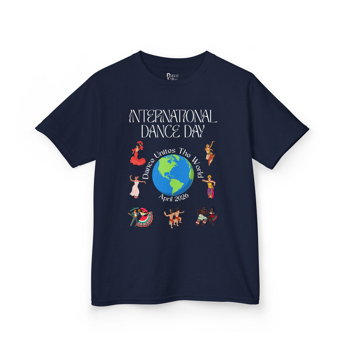 Front view of a youth Gildan 5000B heavy cotton t-shirt in navy with an International Dance Day theme 