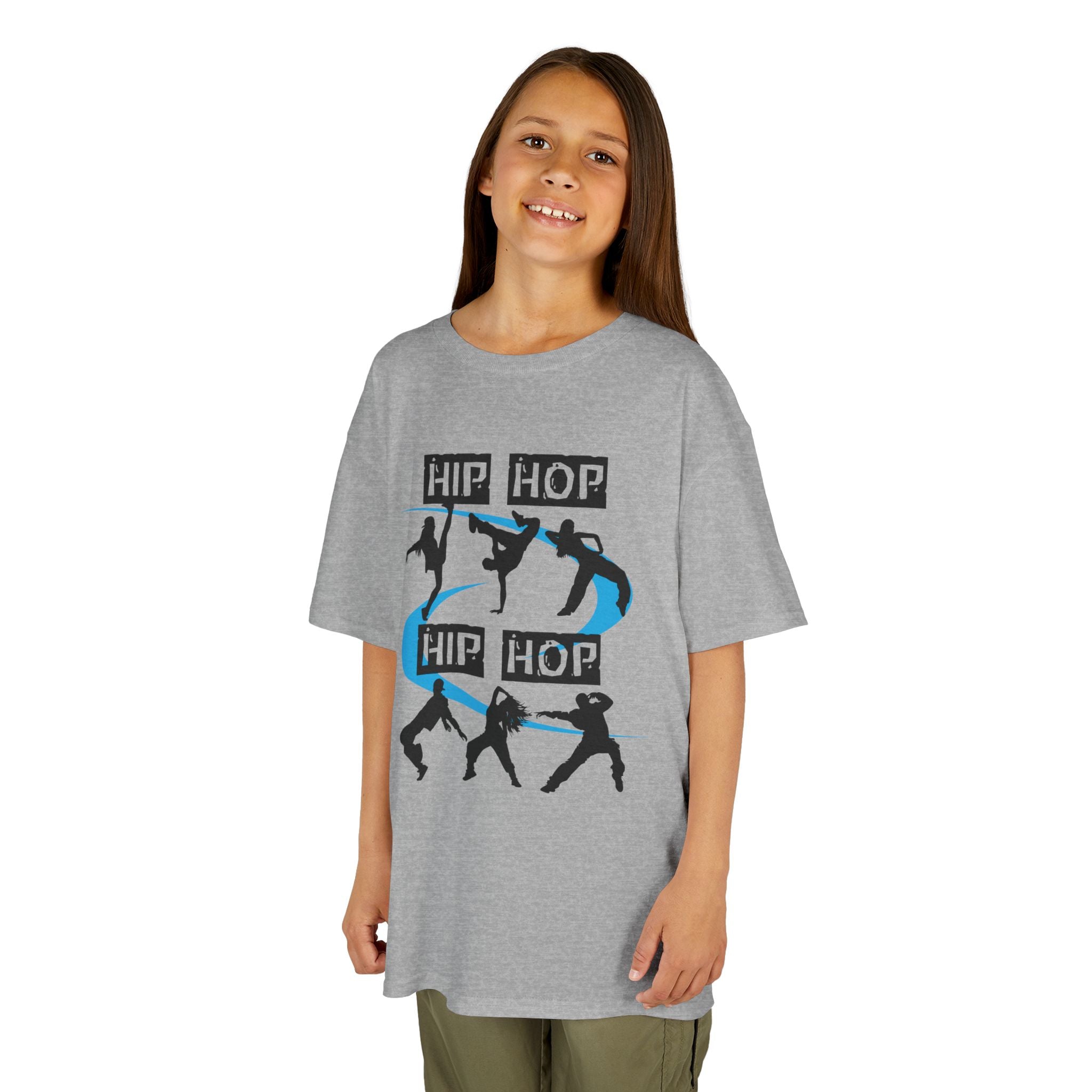 Young girl wearing a youth Gildan 5000B heavy cotton t-shirt in sport grey with a Hip Hop text and dancers