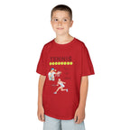 Young boy wearing a youth Gildan 5000B heavy cotton t-shirt in red with a Tennis text and graphic