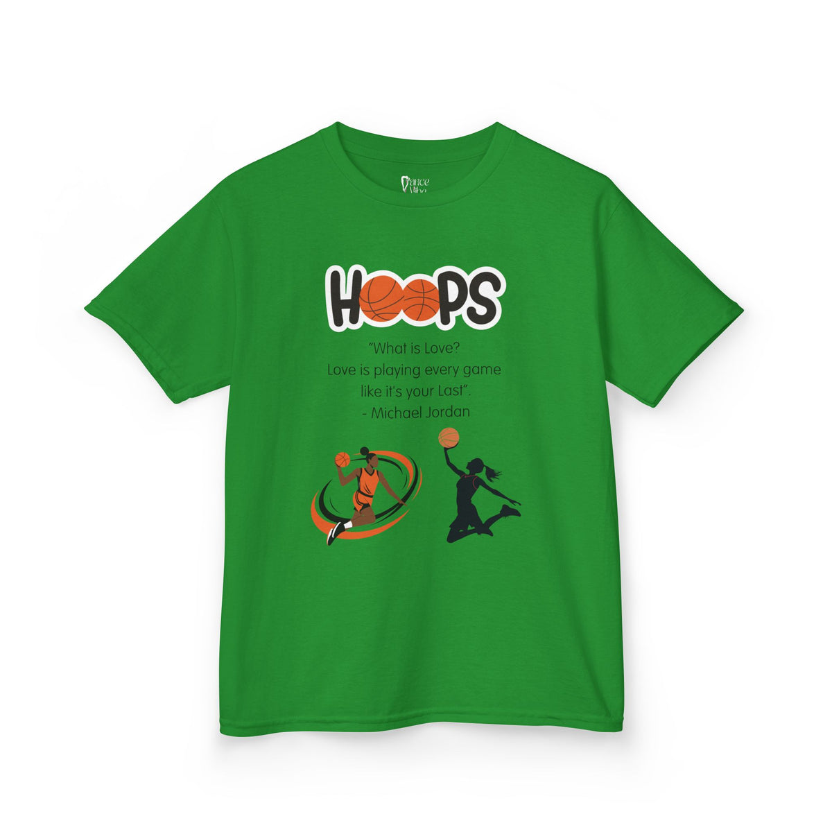 Front view of a youth Gildan 5000B heavy cotton t-shirt in irish green featuring a Girls Basketball design