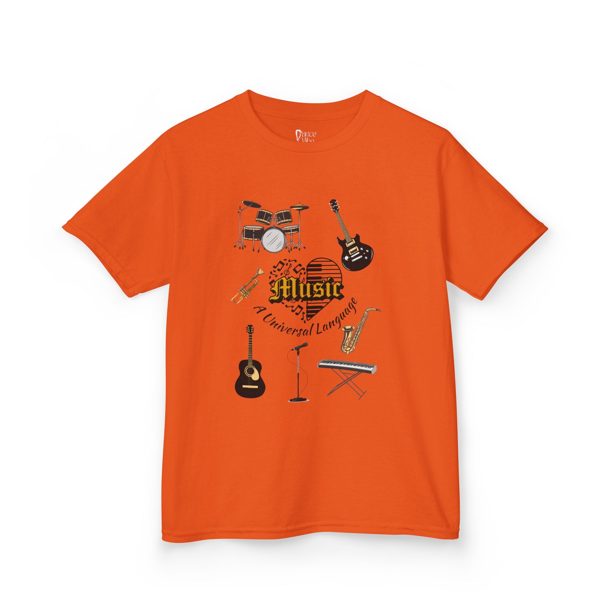 Front view of a youth Gildan 5000B heavy cotton t-shirt in orange with a Music A Universal Language theme