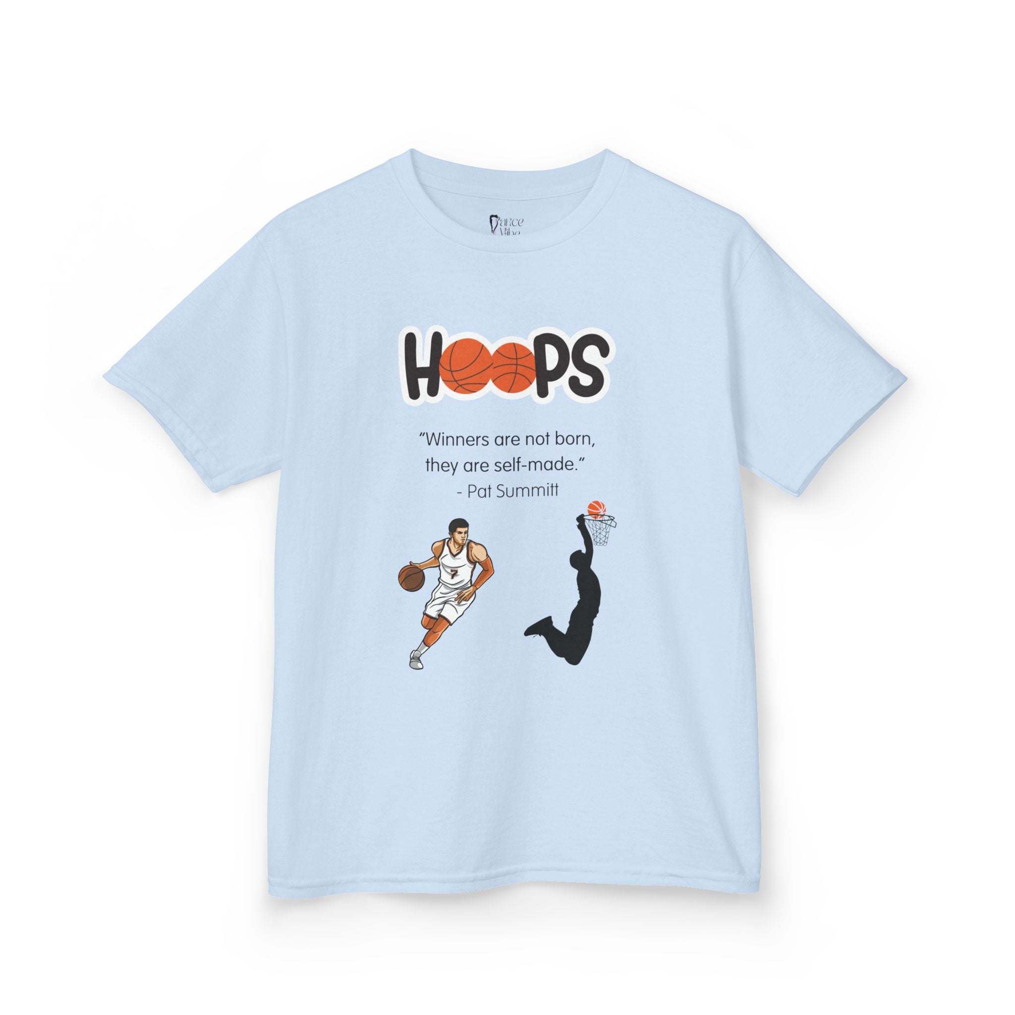 Front view of a youth Gildan 5000B heavy cotton t-shirt in light blue with a Boys Basketball theme
