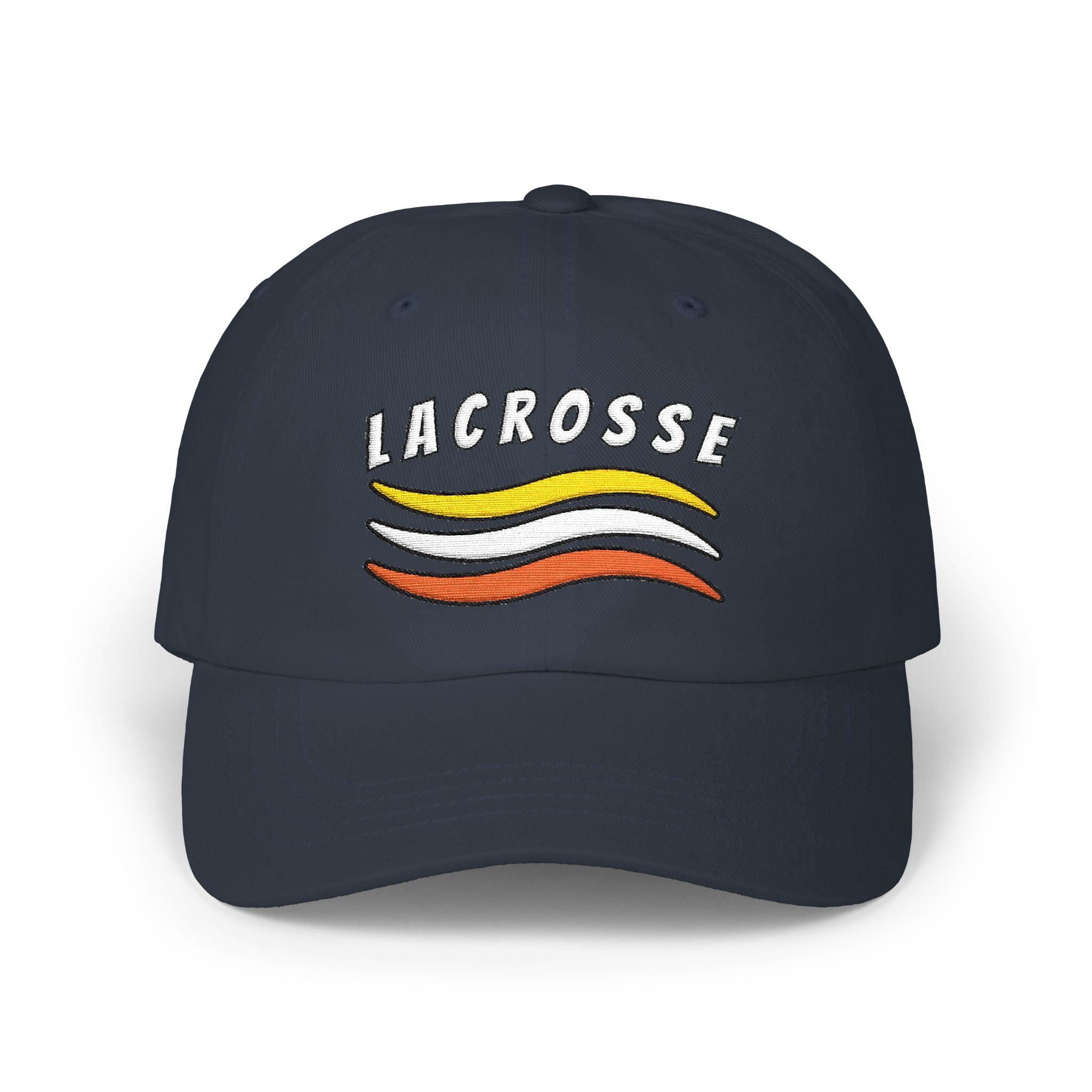 Navy cap with a Lacrosse text and colorful design embroidered on the front. 