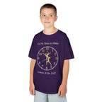 Young boy wearing a youth Gildan 5000B heavy cotton t-shirt in purple with a Ballet Couple 2026-2027 design