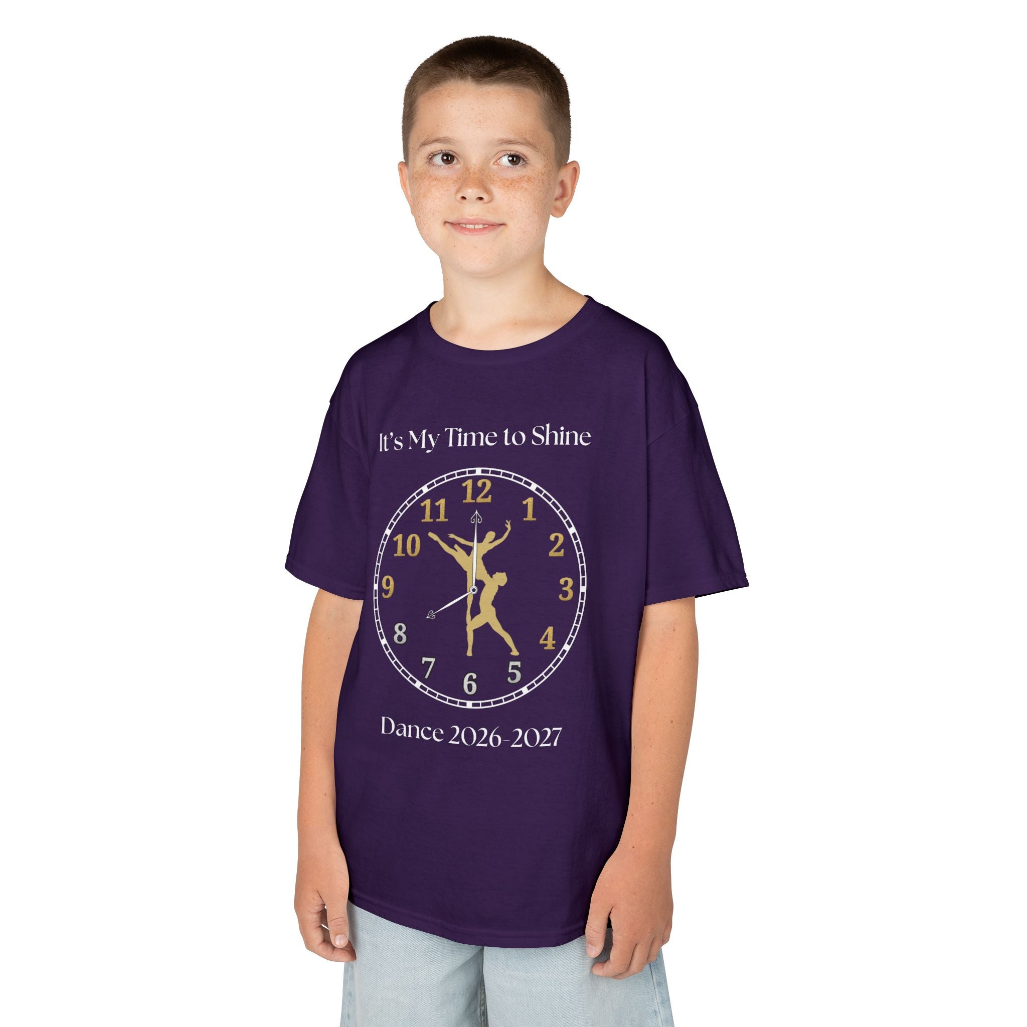 Young boy wearing a youth Gildan 5000B heavy cotton t-shirt in purple with a Ballet Couple 2026-2027 design