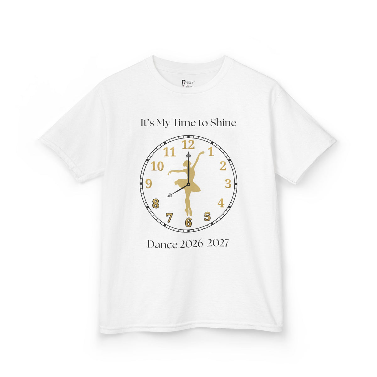 Front view of a youth Gildan 5000B heavy cotton t-shirt in white with a Ballet Dance 2026-2027 design