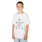 Young boy wearing a youth Gildan 5000B heavy cotton t-shirt in white with a Where Words Fail Music Speaks text and graphic
