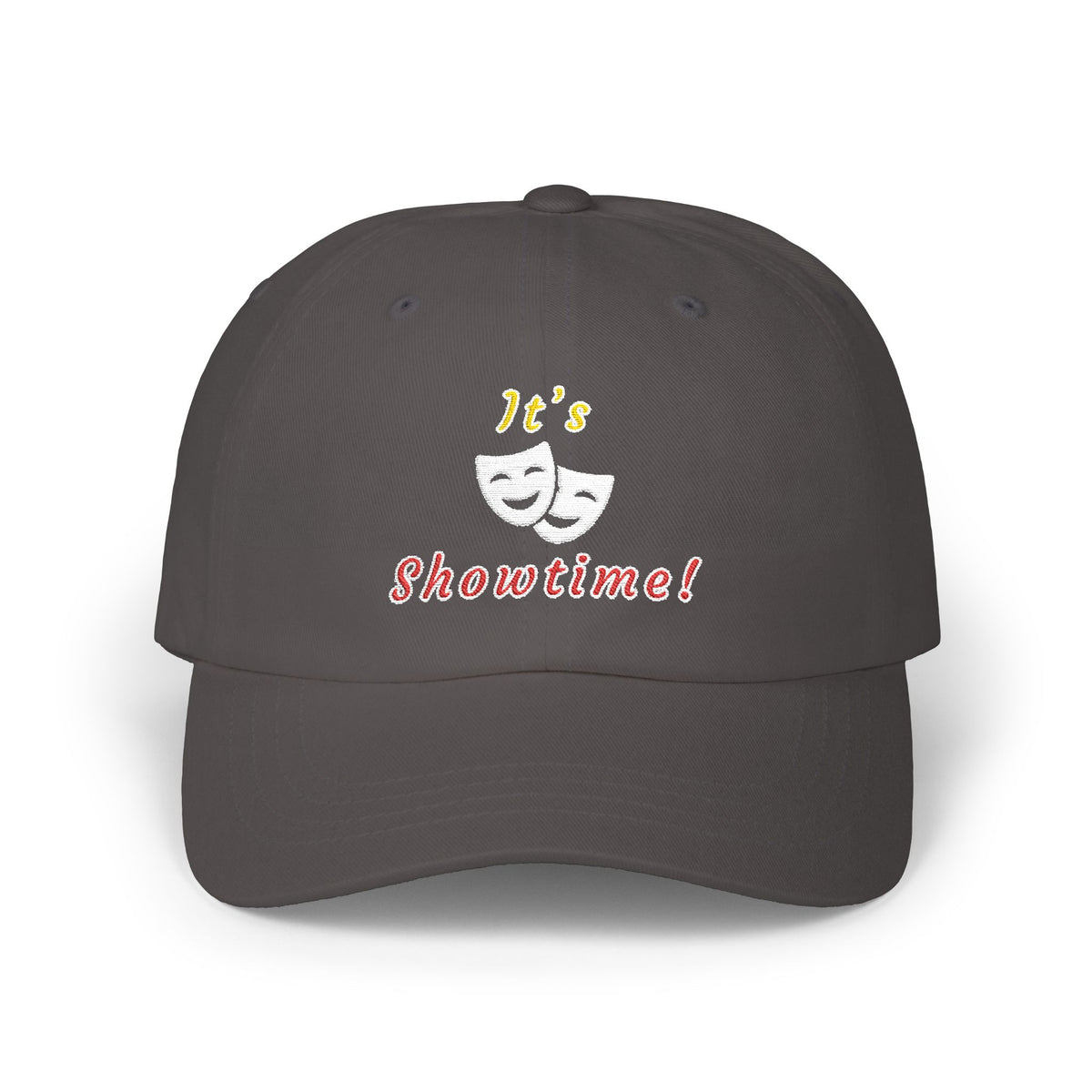 Dark grey cap with an embroidered It's Showtime text and mask graphic.