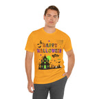A man wearing a yellow t-shirt with a colorful Happy Halloween text and haunted house design.