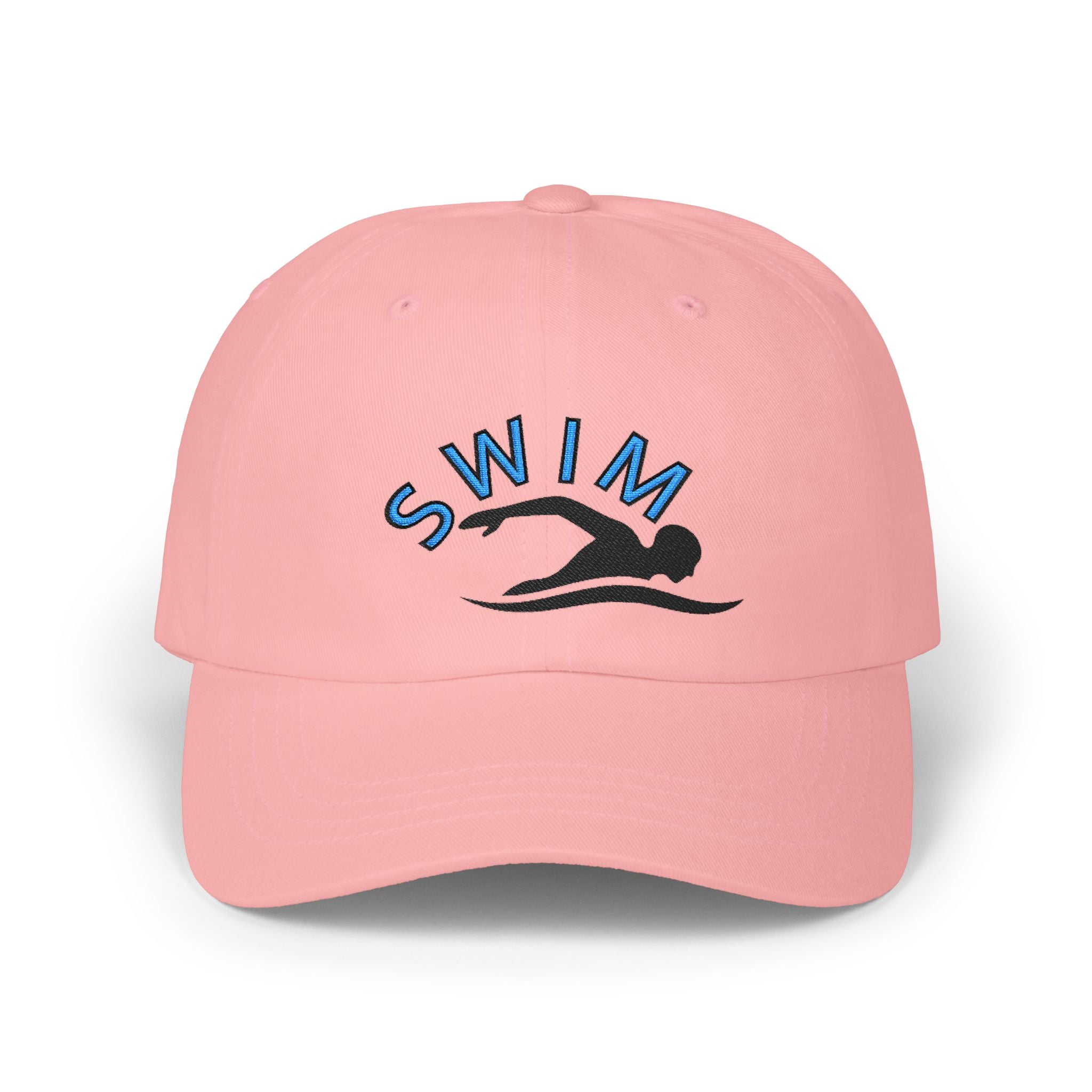 Pink embroidered classic dad cap hat with a Swim text and graphic Front view