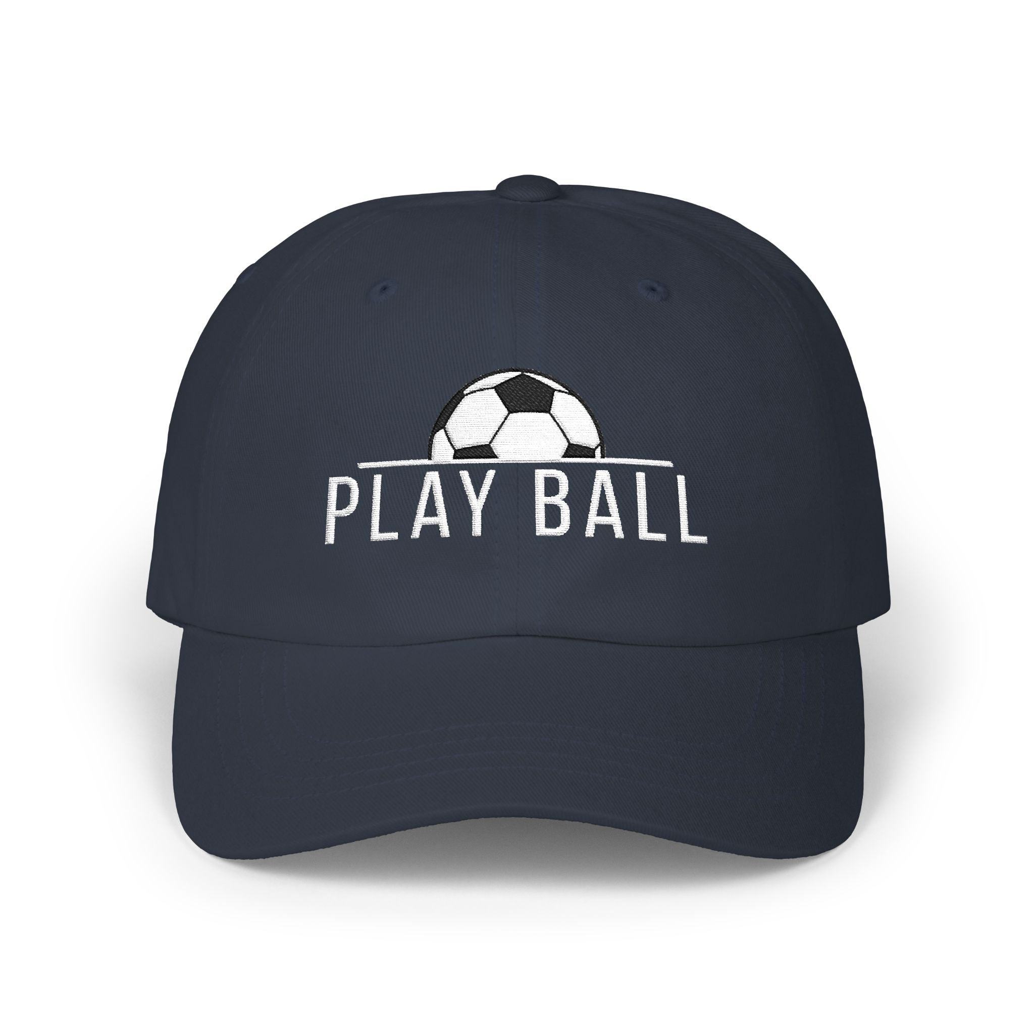 A navy baseball cap featuring a white embroidered soccer ball graphic and the text PLAY BALL on the front.