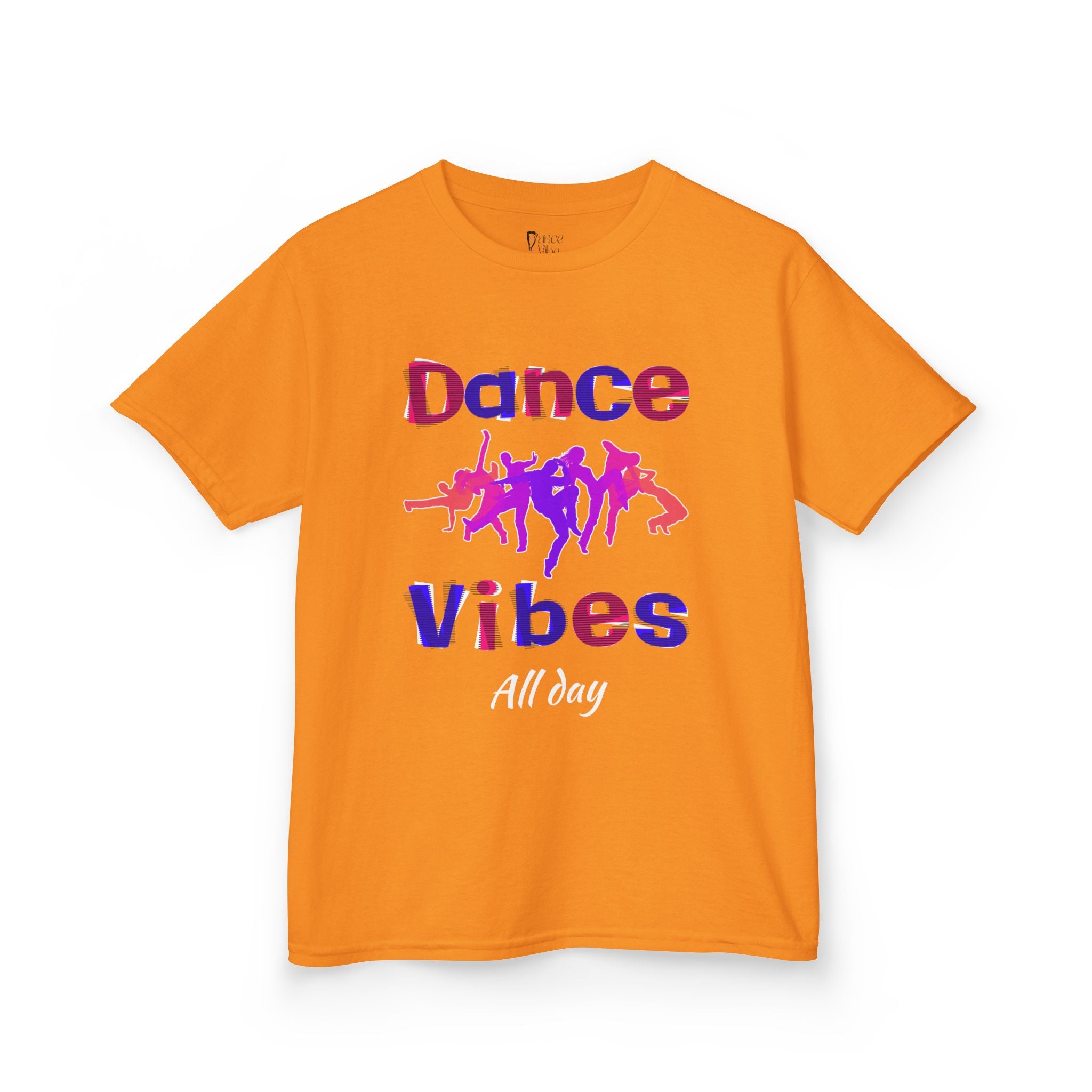 Front view of a youth Gildan 5000B heavy cotton t-shirt in tennessee orange with a Dance Vibes All Day text and graphic