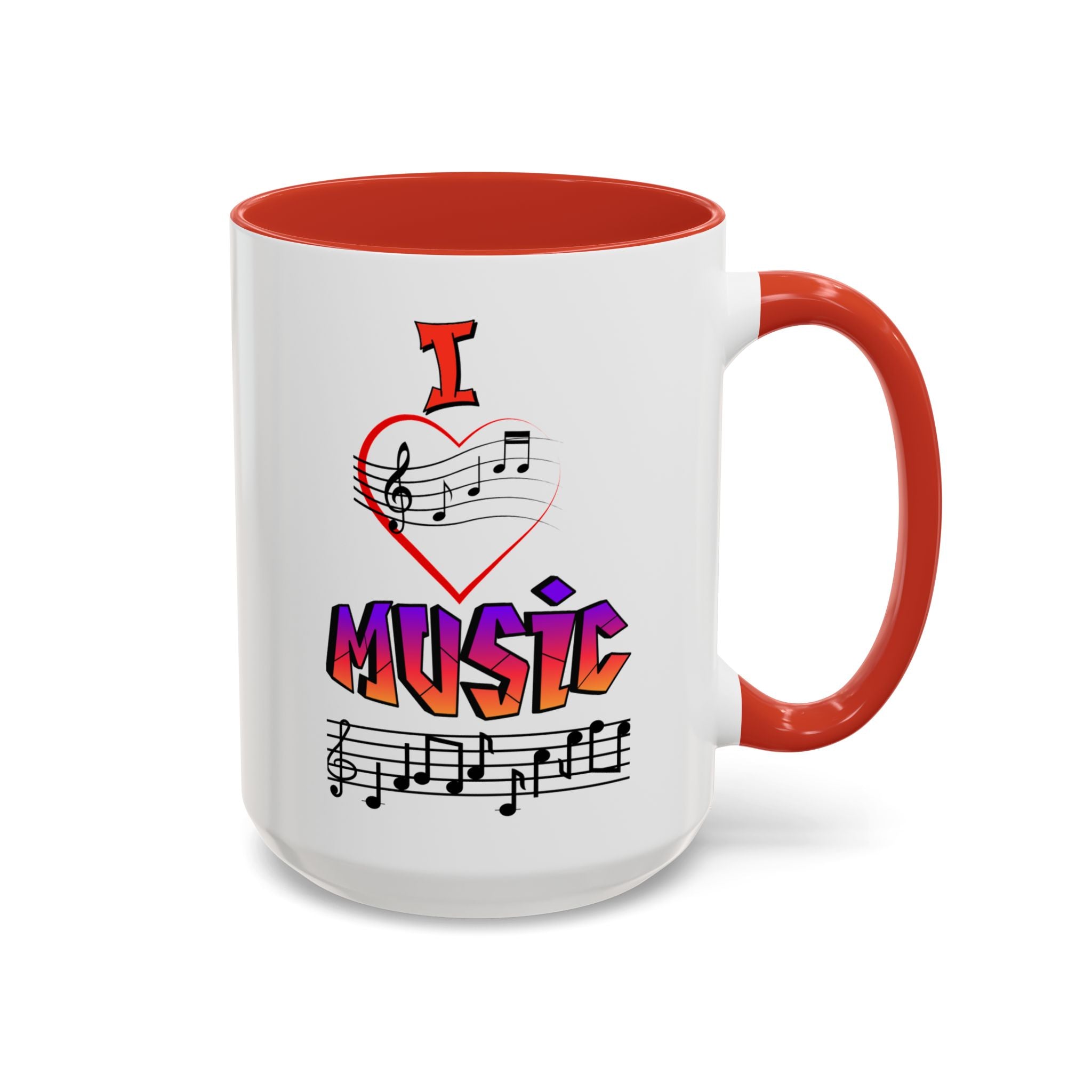 15oz white ceramic I Love Music mug with red handle and interior Right handed view