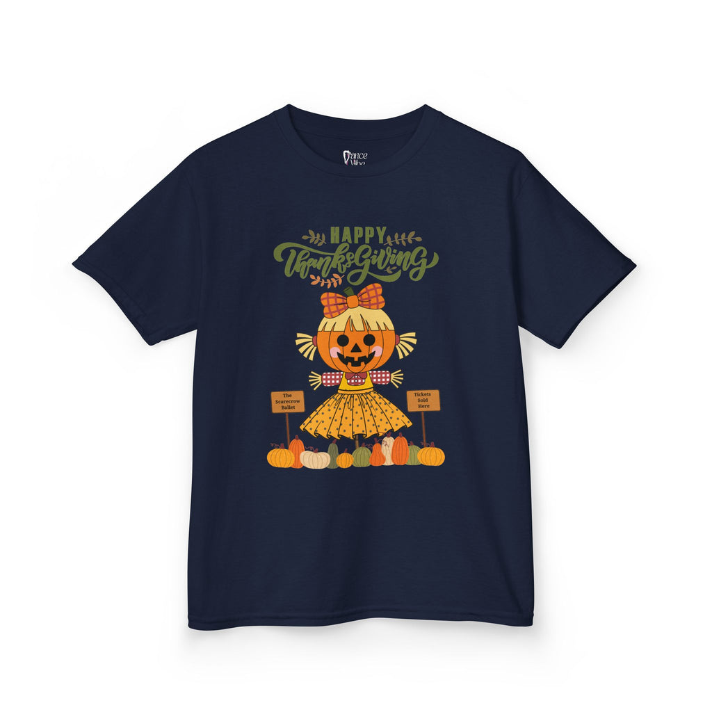 Kids navy Thanksgiving t-shirt with a scarecrow ballerina design and a Happy Thanksgiving text.