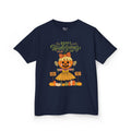 Kids navy Thanksgiving t-shirt with a scarecrow ballerina design and a Happy Thanksgiving text.