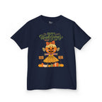 Kids navy Thanksgiving t-shirt with a scarecrow ballerina design and a Happy Thanksgiving text.